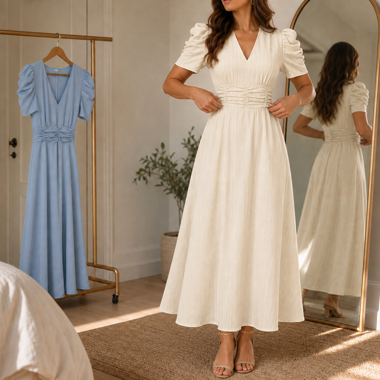 Wearbella – Midi-Kleid mit Geraffter Taille, Puffärmeln & V-Ausschnitt