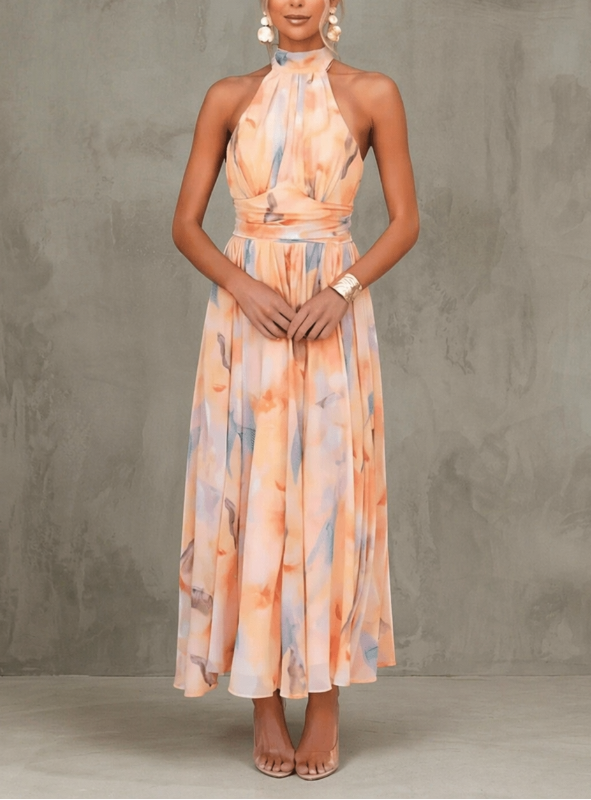 Esther | Kleid mit Wasserfarben-Print und Neckholder-Ausschnitt