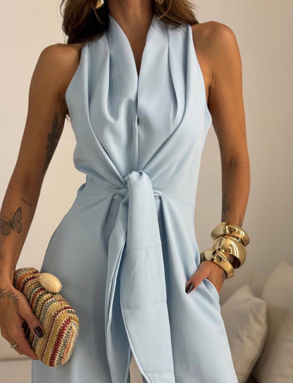 Aevoriska | Eleganter Jumpsuit mit V-Ausschnitt, Knotendetail & Weithose