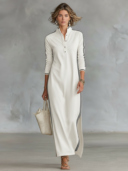 Laura | Sweat Maxikleid Knopfkragen Weißer Saum