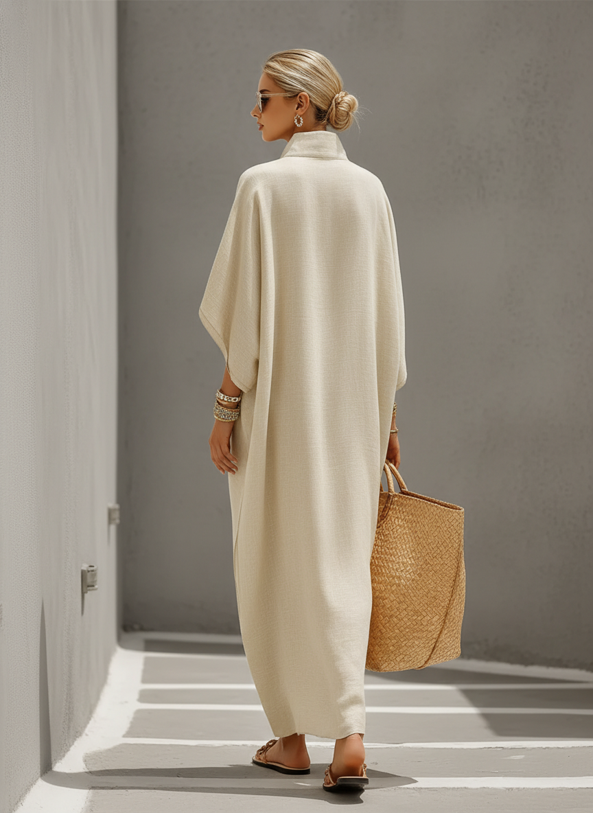 Leinenkleid mit Stehkragen & Dolman-Ärmeln in Oatmeal