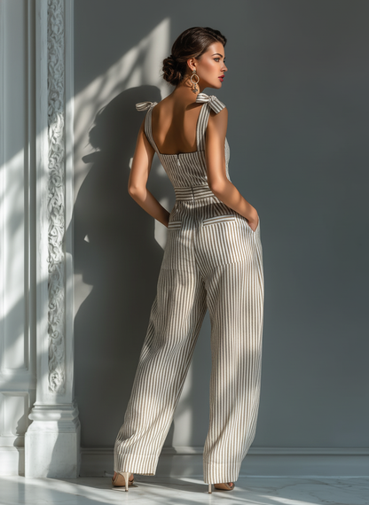 Damen Jumpsuit Beige & Weiß | Gestreifter Leinenmix mit Bindeträgern