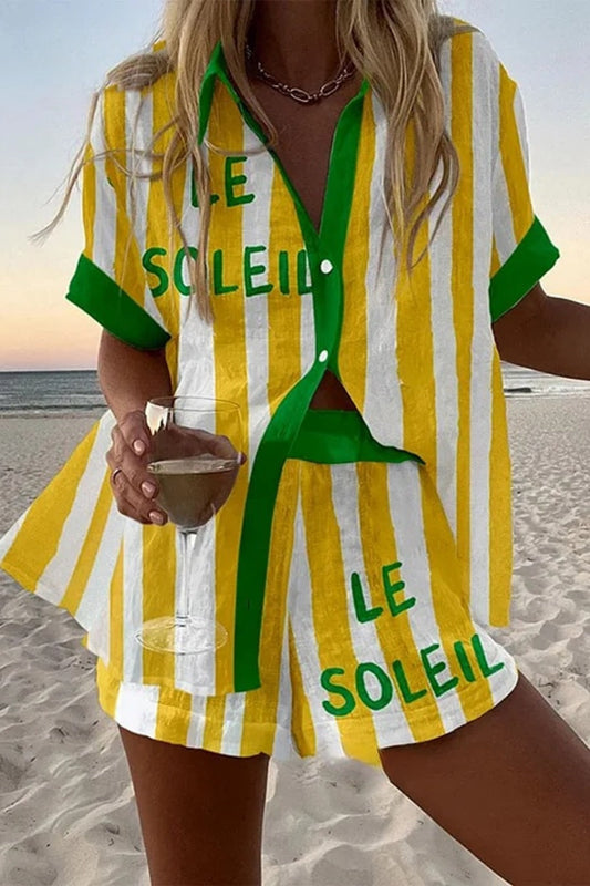 Halora™ | Gelb gestreiftes Leinen-Shorts-Set