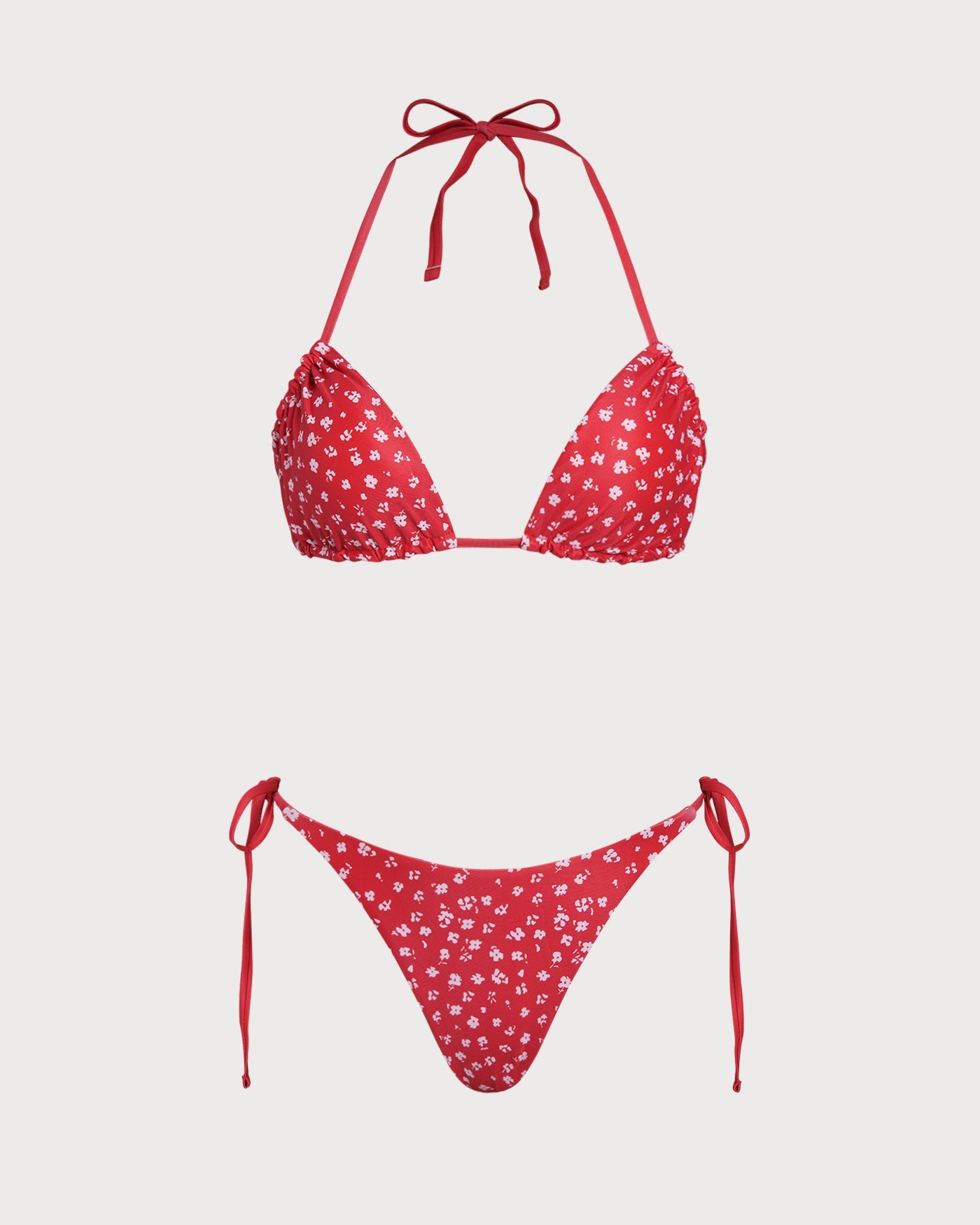 Rotes Blumen-Bikini-Set mit Kordelzug und Dreieck-Top