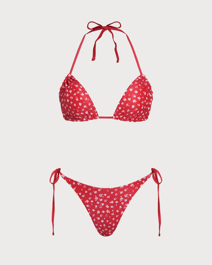 Rotes Blumen-Bikini-Set mit Kordelzug und Dreieck-Top
