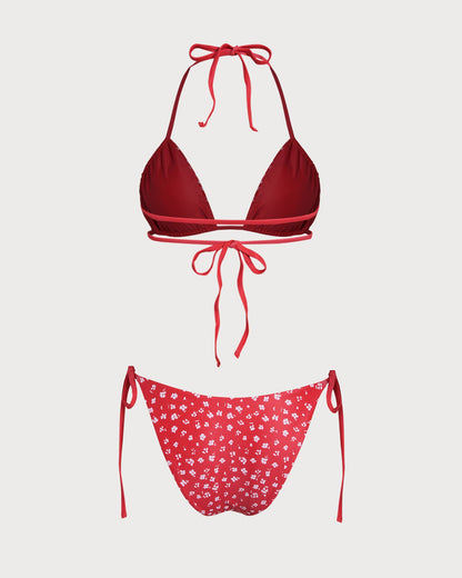 Rotes Blumen-Bikini-Set mit Kordelzug und Dreieck-Top