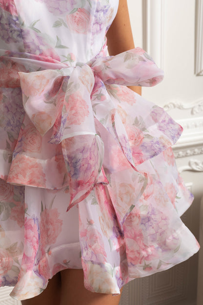 Florales Neckholder Rüschen-Minikleid – Rosa