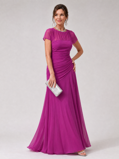 Aurethia | Maxi-Kleid mit transparentem Mesh-Joch, Raffung & Cap-Ärmeln