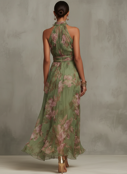 Florenz | Grünes Blumenschiffon-Haltermaxikleid