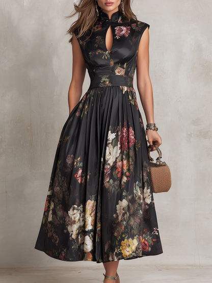 Patricia | Schwarzes Blumen Satin Falten Midi Kleid