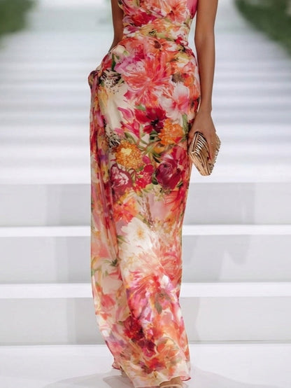 Fae | Rotes Chiffon Floral Ärmelloses Maxikleid