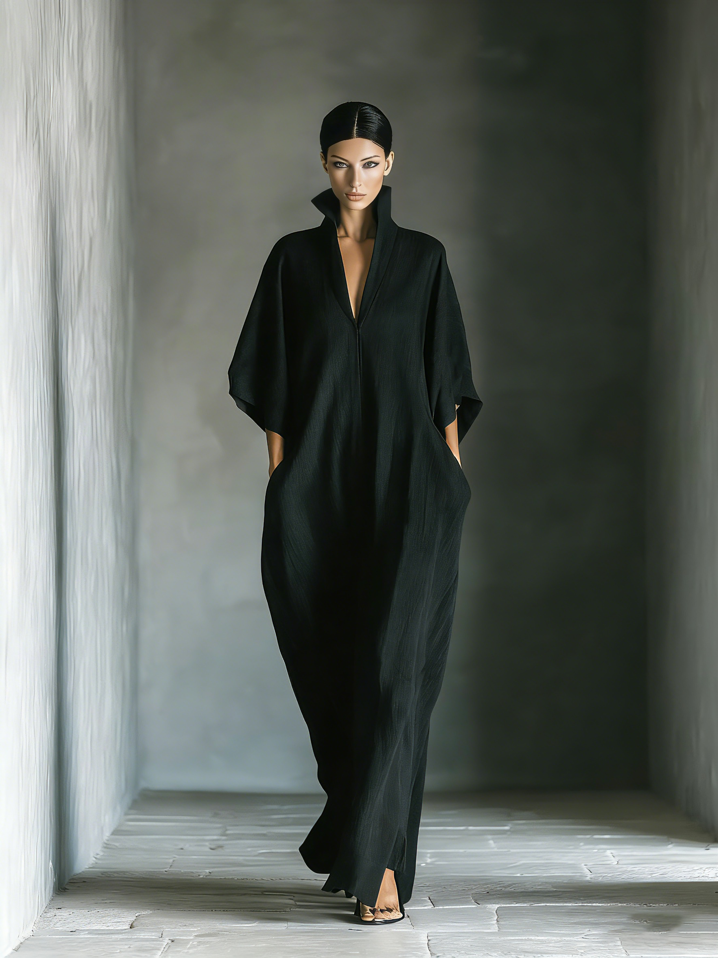 Oversized Kimono-Maxi-Kleid mit Taschen in Schwarz