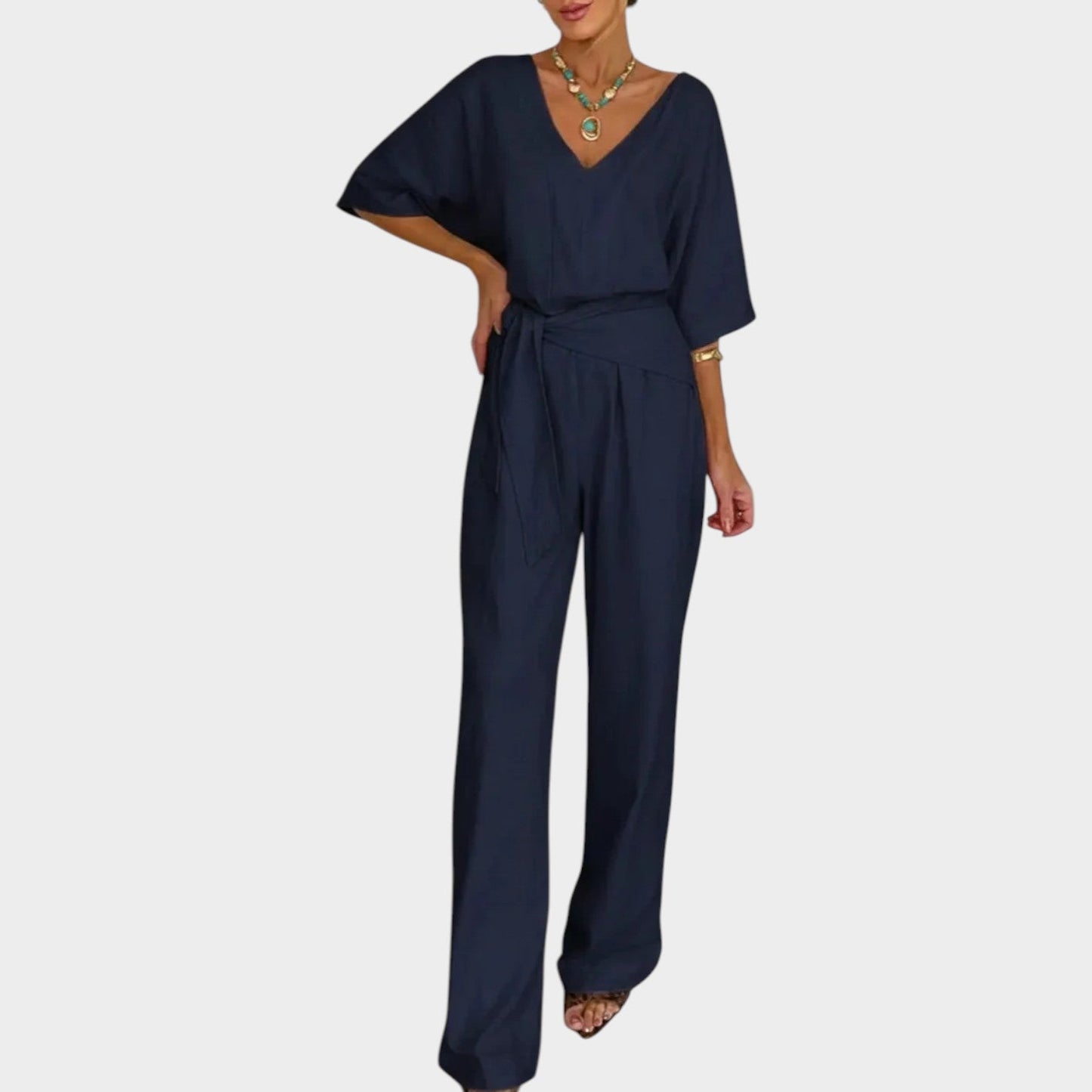 Vera | Eleganter Jumpsuit mit V-Ausschnitt & Bindegürtel | Weithose