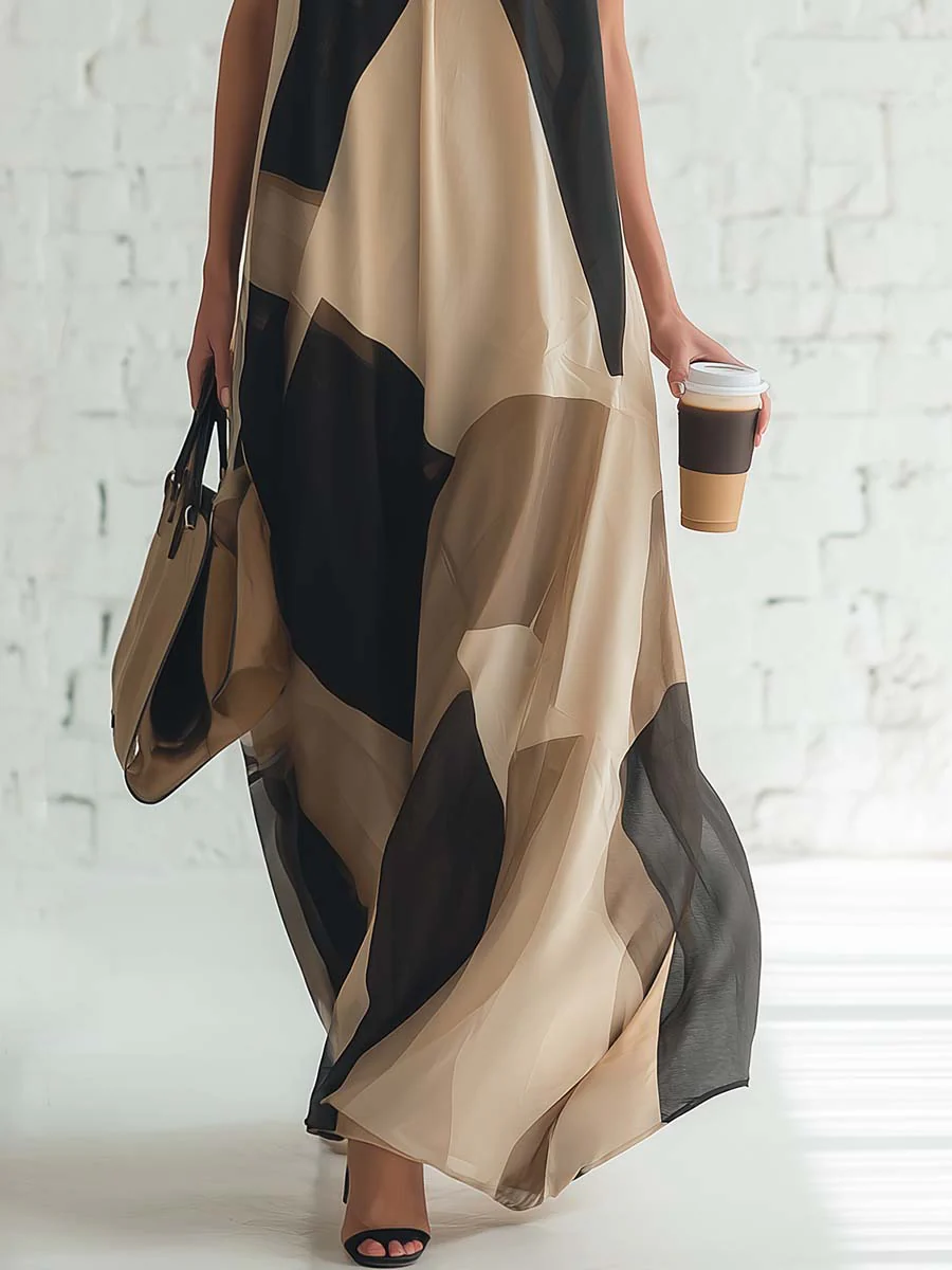 Halter-Maxi-Kleid mit Colorblocking in Khaki