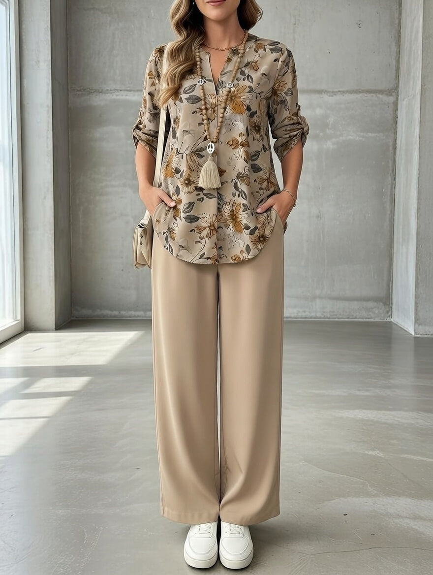 Ilaria | Fließendes Blumen-Set | Bluse & Weithose in Beige