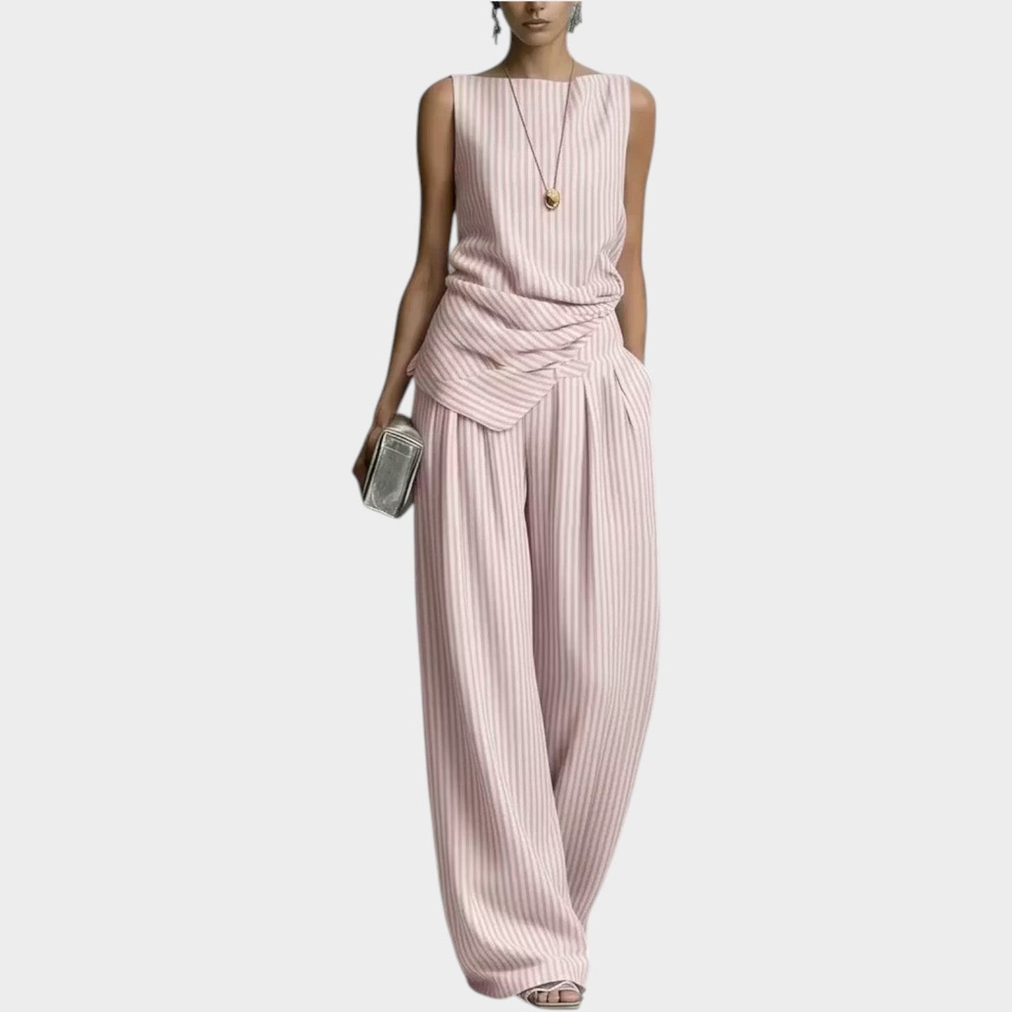Lena | Gestreifter Zweiteiler | Ärmelloses Draped-Top & Weithose