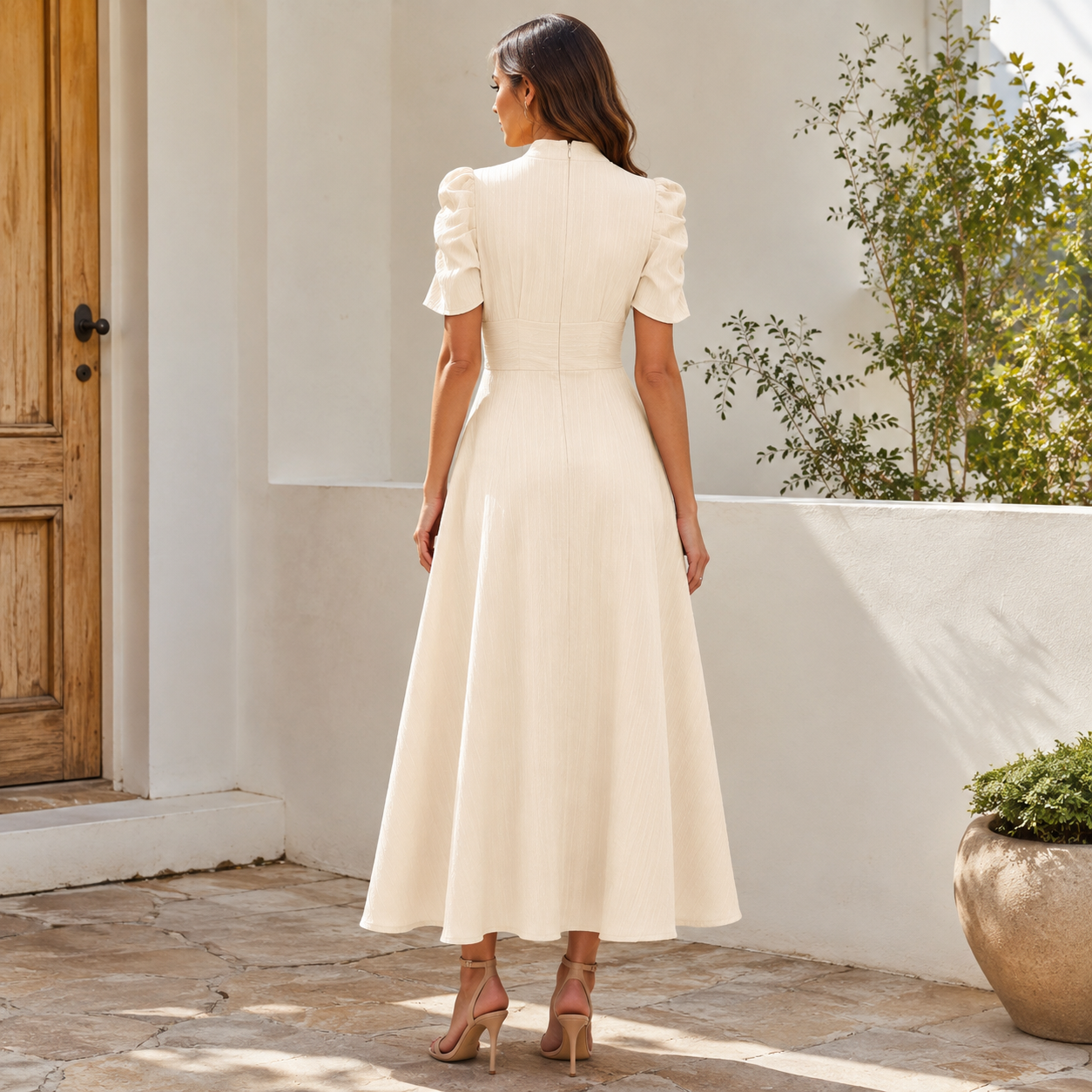 Wearbella – Midi-Kleid mit Geraffter Taille, Puffärmeln & V-Ausschnitt
