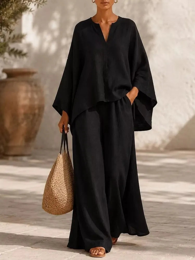 Langarm-Top mit Schlitz & weite Hose Set