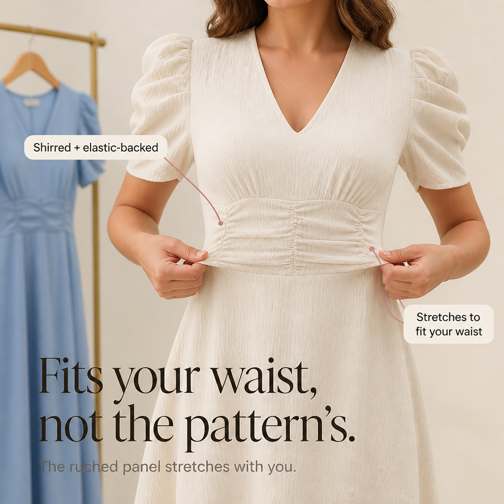 Wearbella – Midi-Kleid mit Geraffter Taille, Puffärmeln & V-Ausschnitt