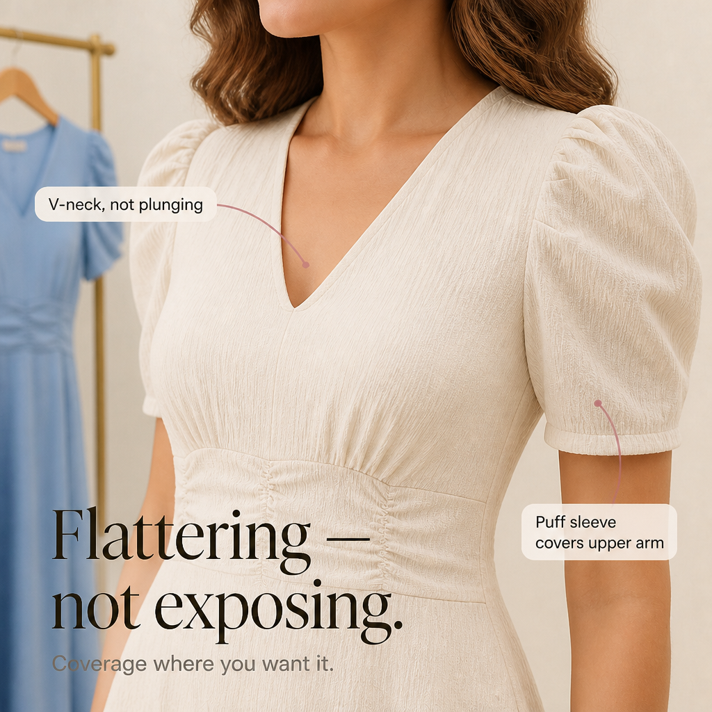 Wearbella – Midi-Kleid mit Geraffter Taille, Puffärmeln & V-Ausschnitt