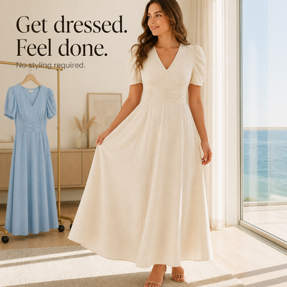 Wearbella – Midi-Kleid mit Geraffter Taille, Puffärmeln & V-Ausschnitt