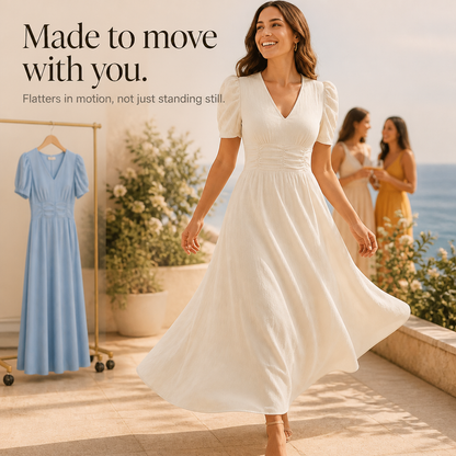 Wearbella – Midi-Kleid mit Geraffter Taille, Puffärmeln & V-Ausschnitt