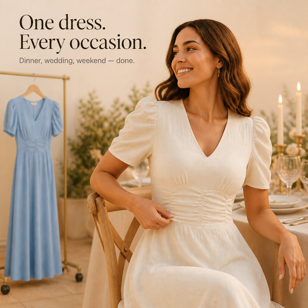 Wearbella – Midi-Kleid mit Geraffter Taille, Puffärmeln & V-Ausschnitt