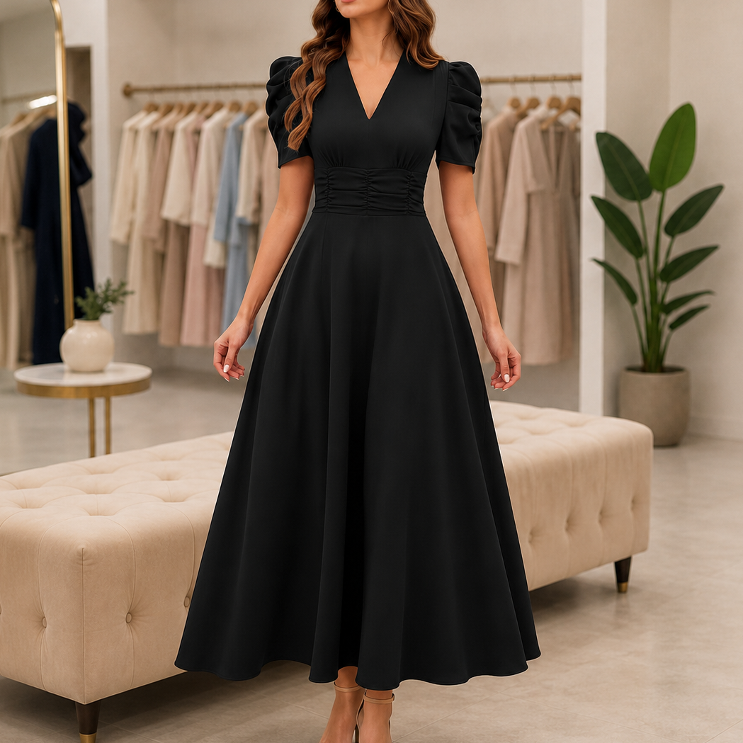 Wearbella – Midi-Kleid mit Geraffter Taille, Puffärmeln & V-Ausschnitt