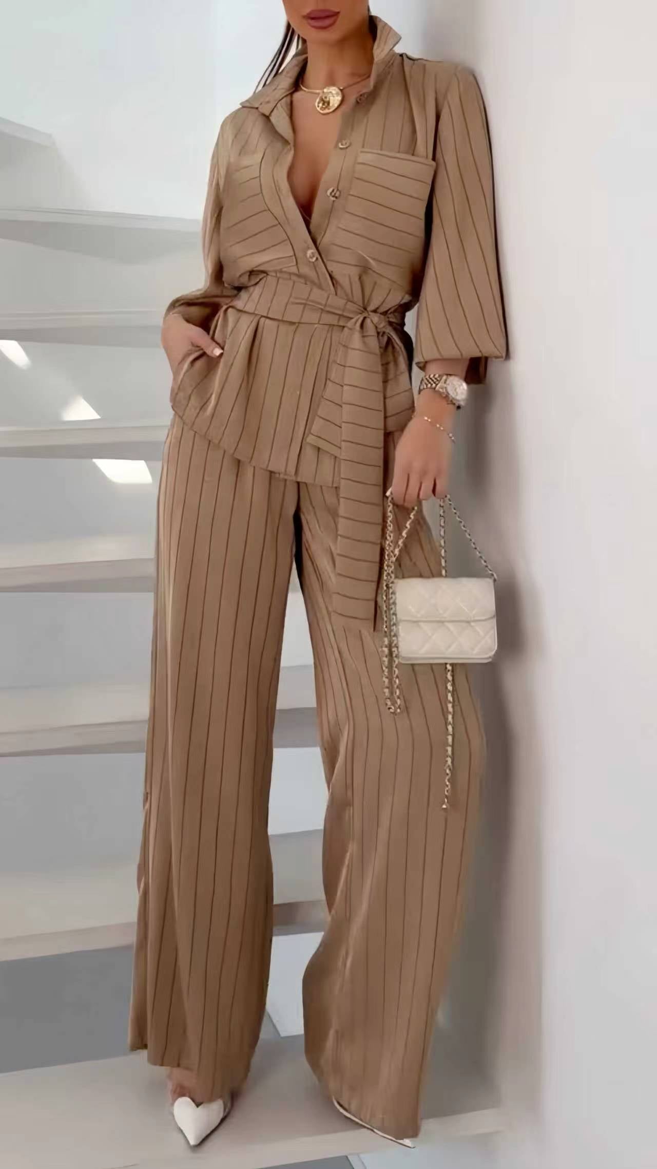 Gestreiftes Hemd & Weithose Co-Ord Set – Braun