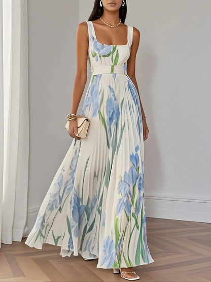 Marie | Weißes Faltenblumen Chiffon Maxi Kleid