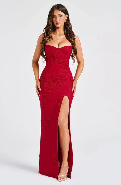 Ananke - Maxikleid mit Blumenapplikationen