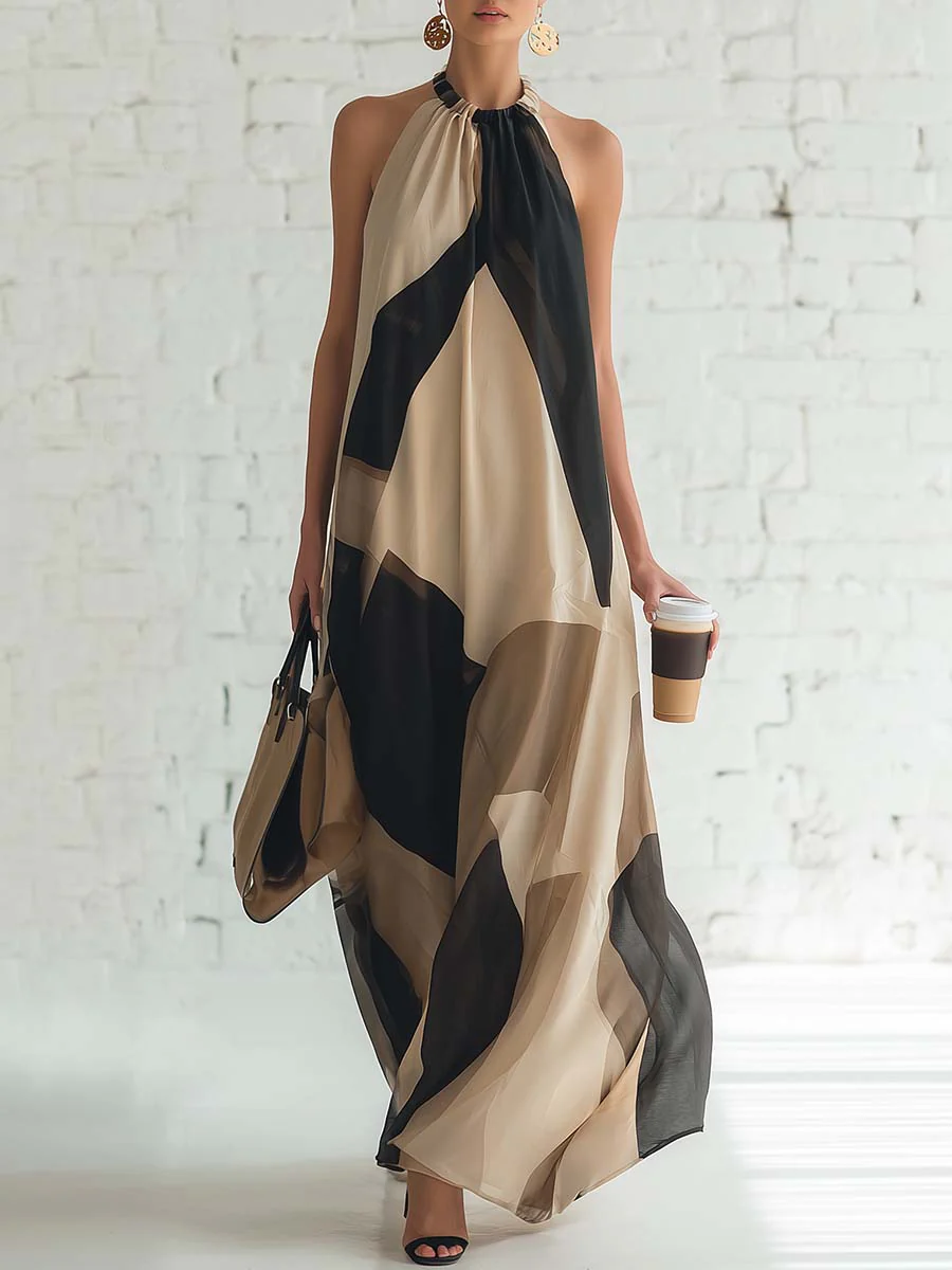 Halter-Maxi-Kleid mit Colorblocking in Khaki