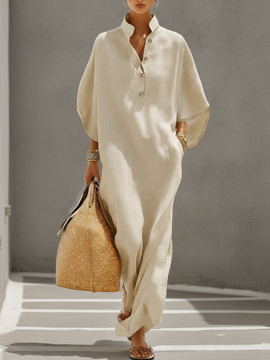 Leinenkleid mit Stehkragen & Dolman-Ärmeln in Oatmeal