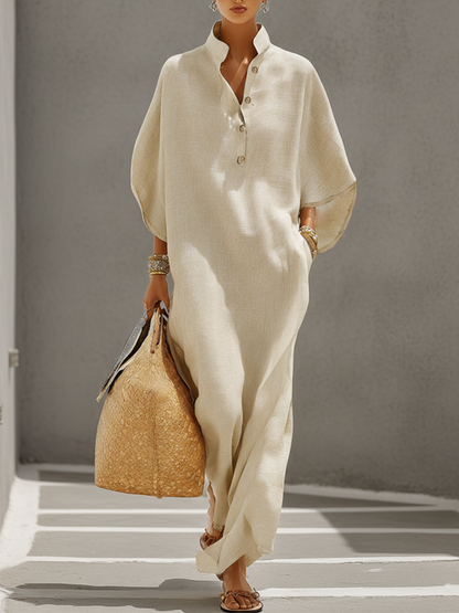 Leinenkleid mit Stehkragen & Dolman-Ärmeln in Oatmeal