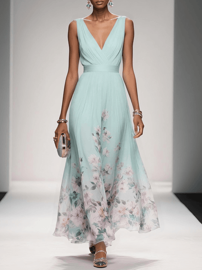 Rose | Hellblaues Floral Chiffon V-Ausschnitt Maxikleid