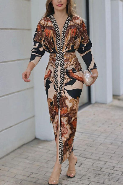 Eva | Sun Escape Einzigartiges Print Dolman Midi Kleid