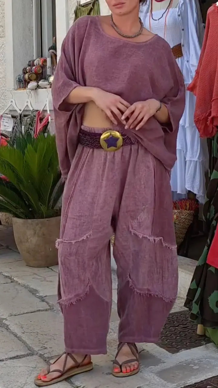 Mauve Geraffeltes Leinen Zweiteiliges Set