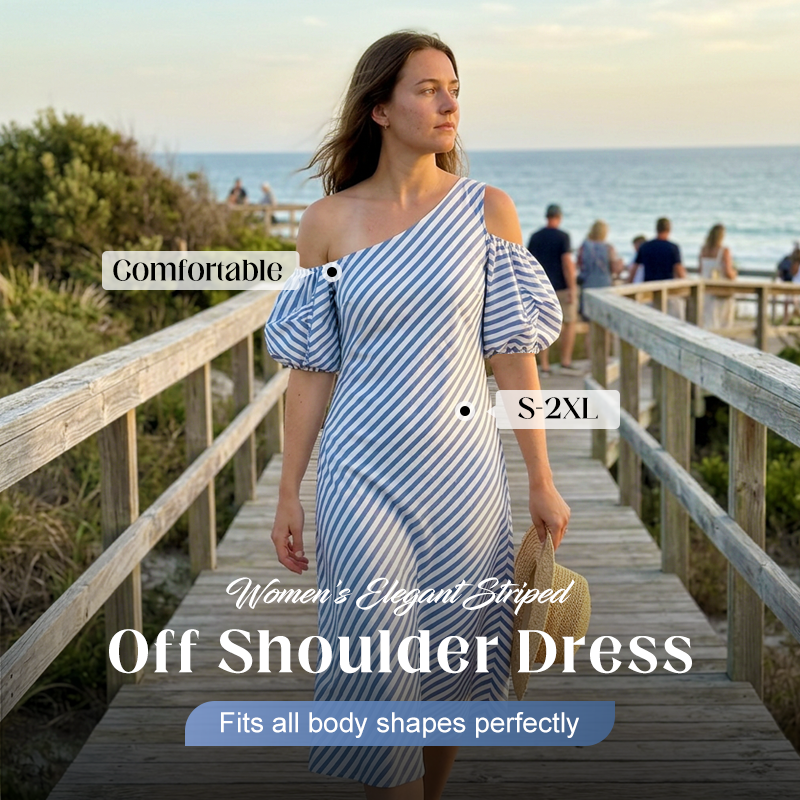 Gestreiftes Off-Shoulder-Kleid in Fließendem Schnitt