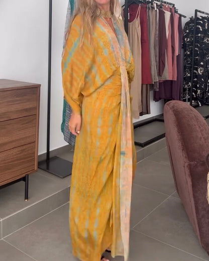 Retro print V-neck fitted waist belted long dress