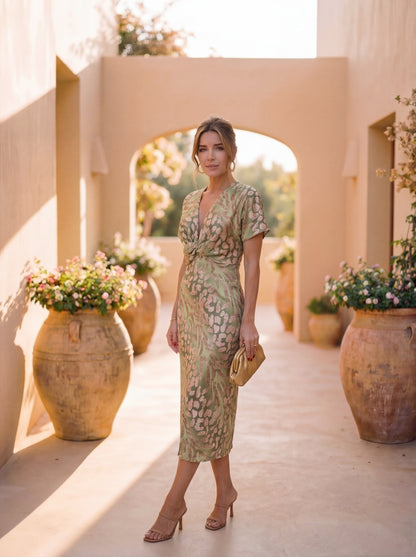 Amara | Figurbetontes Midi-Kleid mit V-Ausschnitt & gedrehtem Taillenknötchen