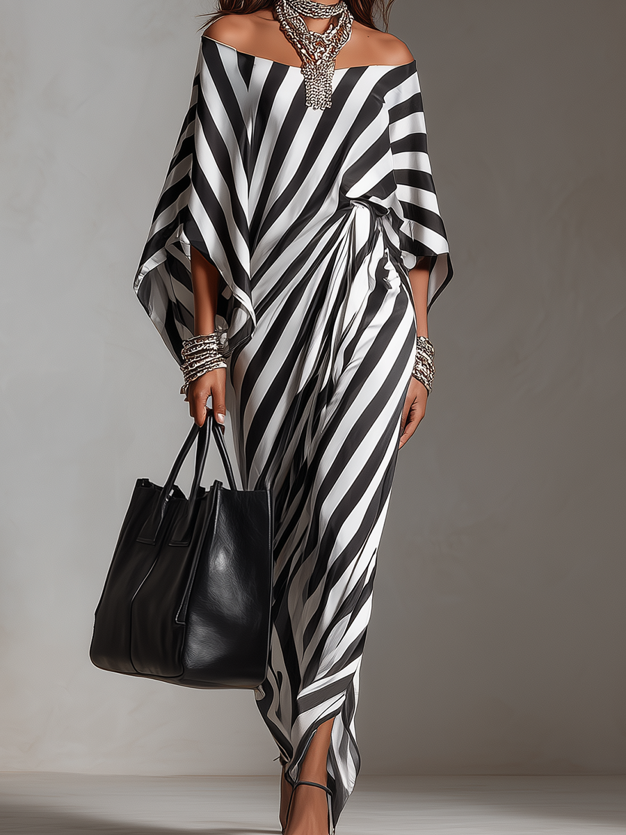 Statement Monochrome Streifen Maxi-Kleid mit asymmetrischem Schnitt