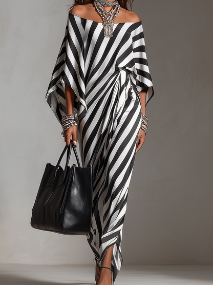 Statement Monochrome Streifen Maxi-Kleid mit asymmetrischem Schnitt