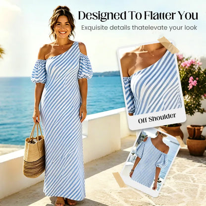Gestreiftes Off-Shoulder-Kleid in Fließendem Schnitt