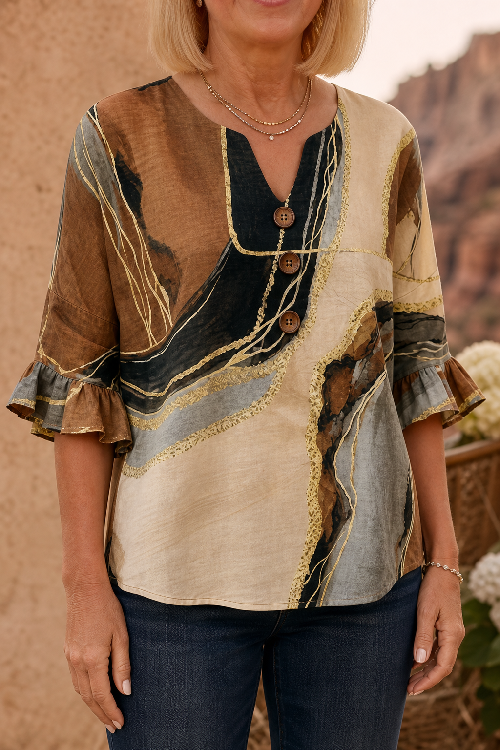 Ombralyn – Ombré-Bluse mit V-Ausschnitt & Mittelärmeln