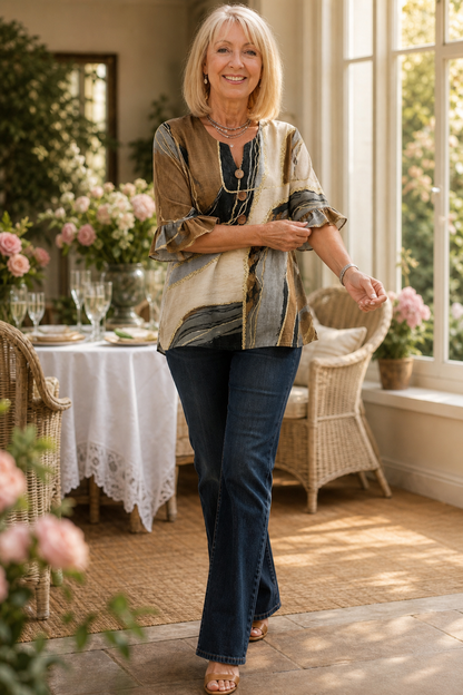 Ombralyn – Ombré-Bluse mit V-Ausschnitt & Mittelärmeln