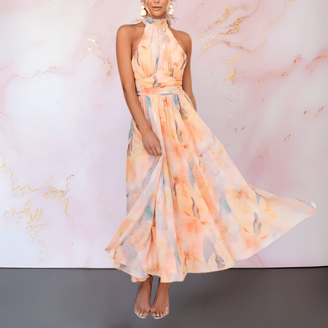 Esther | Kleid mit Wasserfarben-Print und Neckholder-Ausschnitt