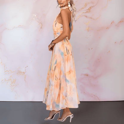 Esther | Kleid mit Wasserfarben-Print und Neckholder-Ausschnitt