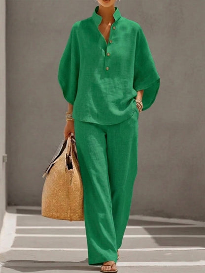 Mariel | Ensemble Baumwolle Leinen Fledermausärmel Weite Hose