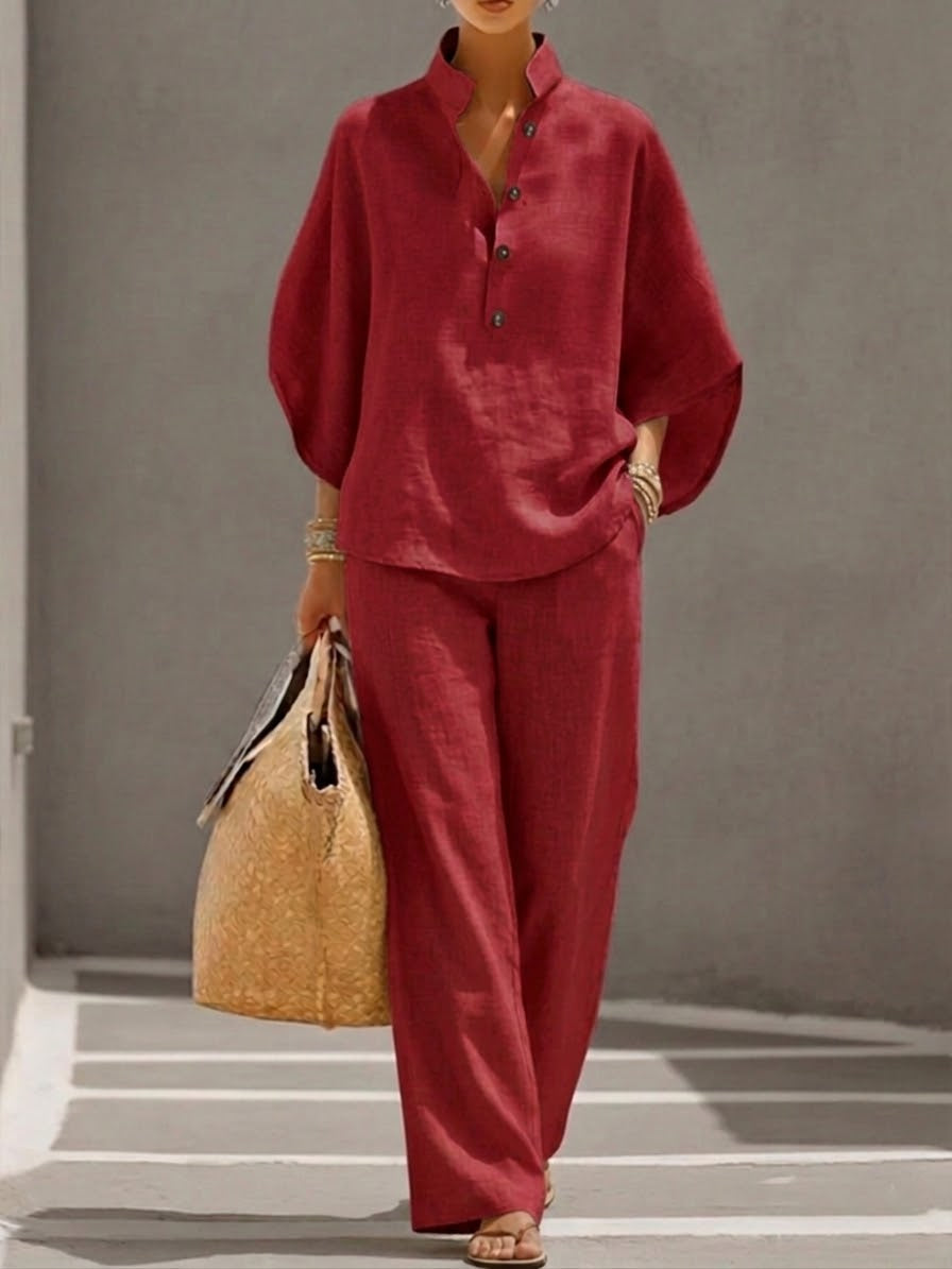 Mariel | Ensemble Baumwolle Leinen Fledermausärmel Weite Hose