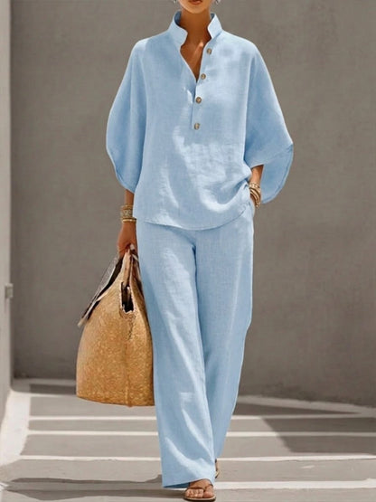 Mariel | Ensemble Baumwolle Leinen Fledermausärmel Weite Hose